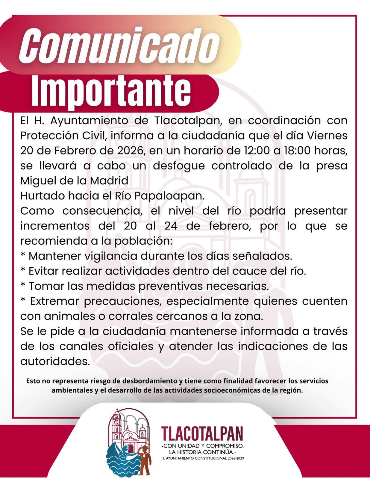 Alerta en Tlacotalpan por desfogue de presa en Oaxaca