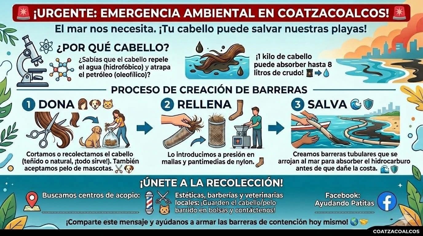 Llaman a donar cabello para contener derrame de hidrocarburo en playas del sur de Veracruz