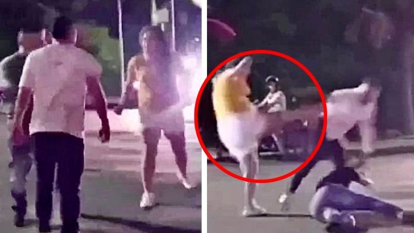 Mujer se vuelve viral por defender a su esposo de una golpiza con una patada voladora