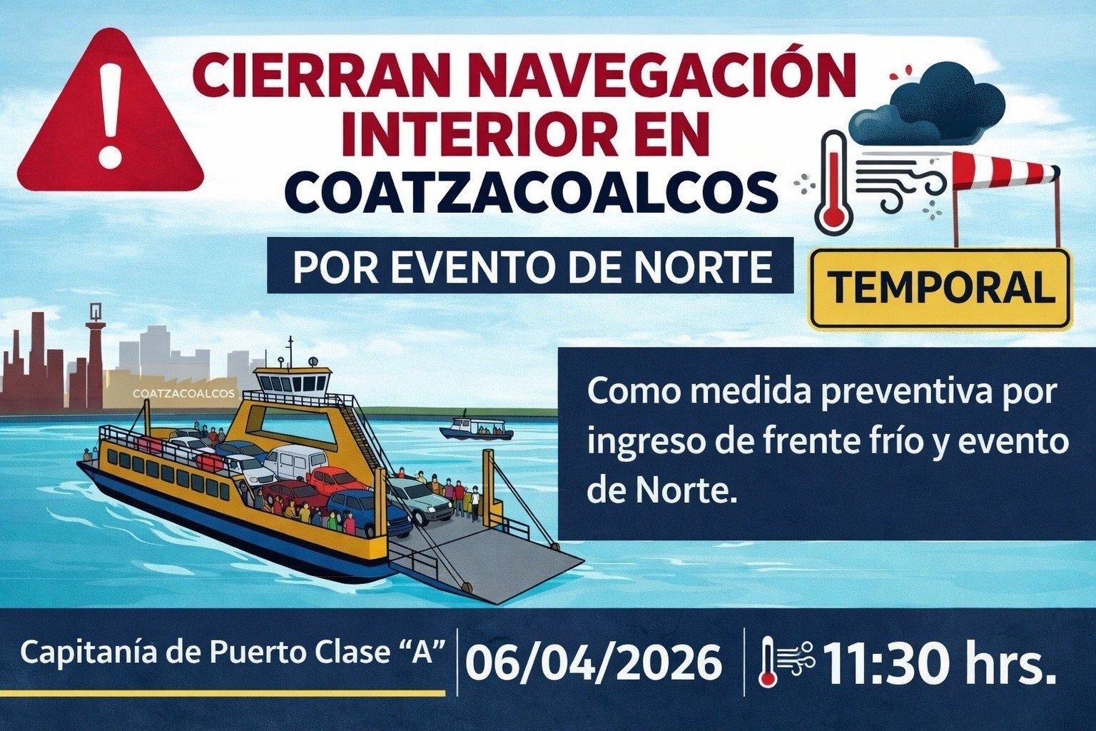Cierran navegación interior en Coatzacoalcos por evento de Norte