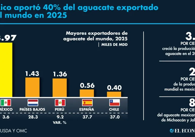 Exportaciones de aguacate batieron récord en 2025; México aportó 40% de la cuota mundial