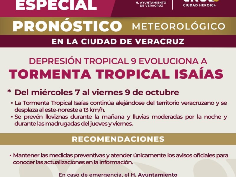 Mantiene Ayuntamiento de Veracruz vigilancia ante tormenta tropical Isaías