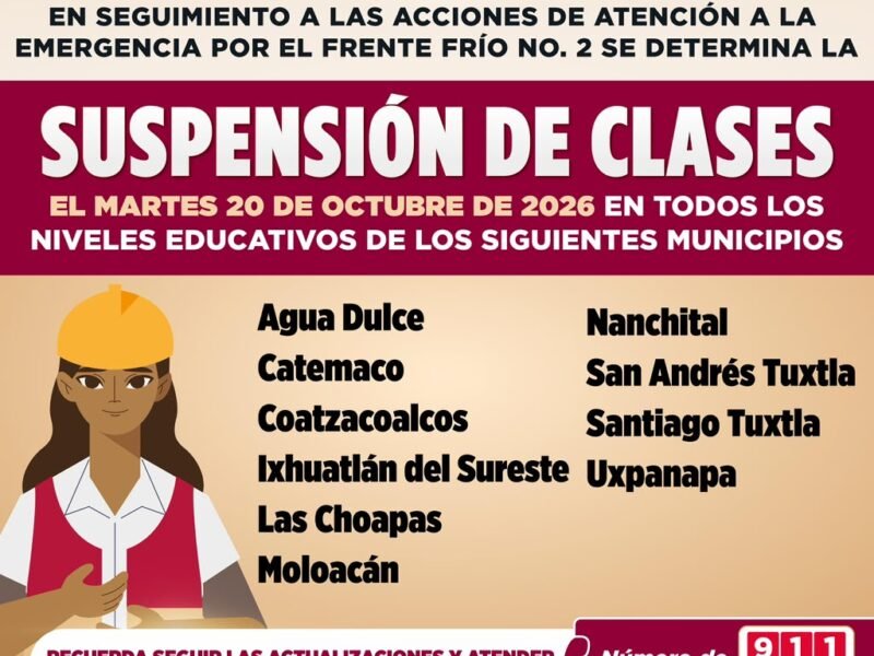 Continua suspensión de clases en 10 municipios en el sur de Veracruz