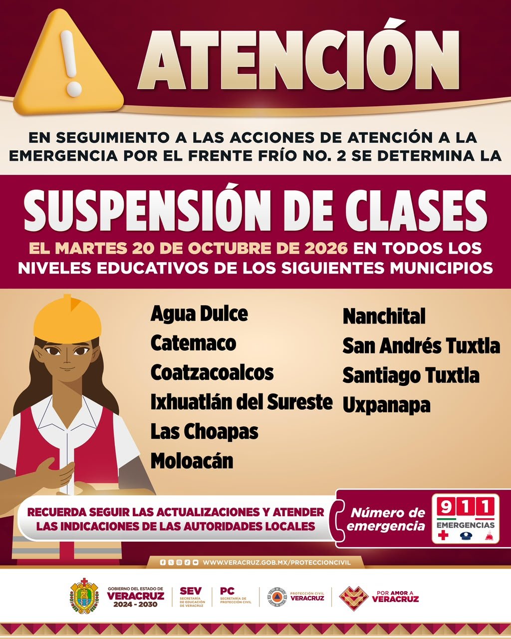 Continua suspensión de clases en 10 municipios en el sur de Veracruz